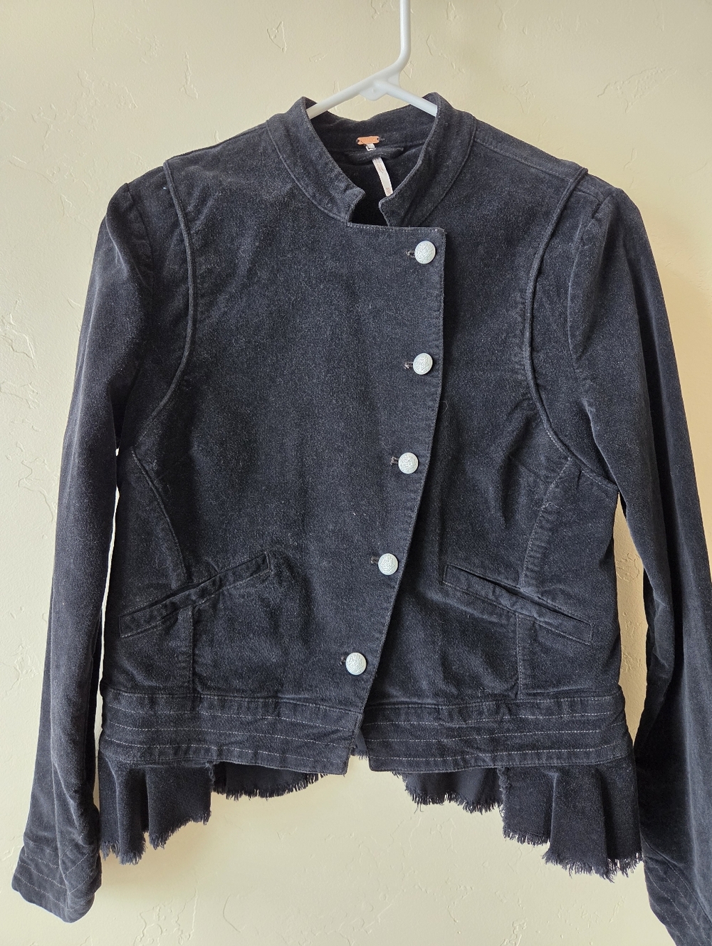 Free People Blue Asymmetric Velvet Military Jacket